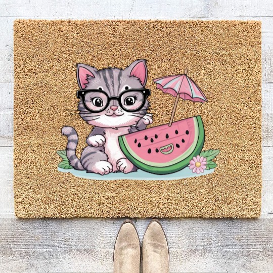 cute kitten an watermelon slice vector illustratio Coir Doormats