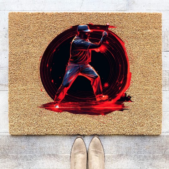 Baseball Pitcher in Red Neon, Pop Art Coir Doormats