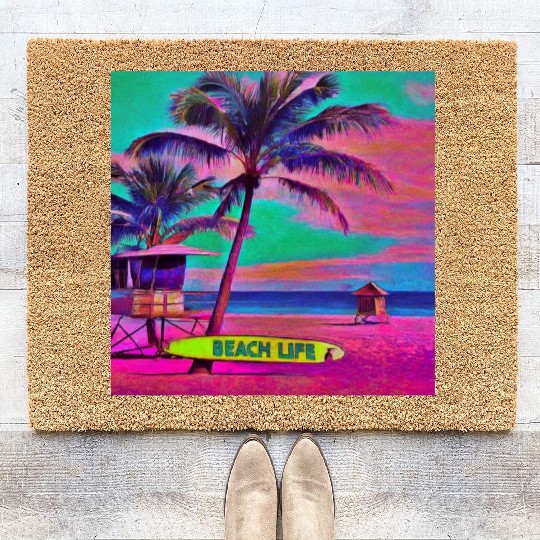 Neon Beach Life Scene 90's Vibes - Surfboard, Sand Coir Doormats