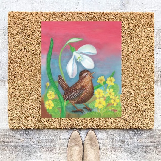 White Snowdrop & Wren Bird in Spring Illustration Coir Doormats