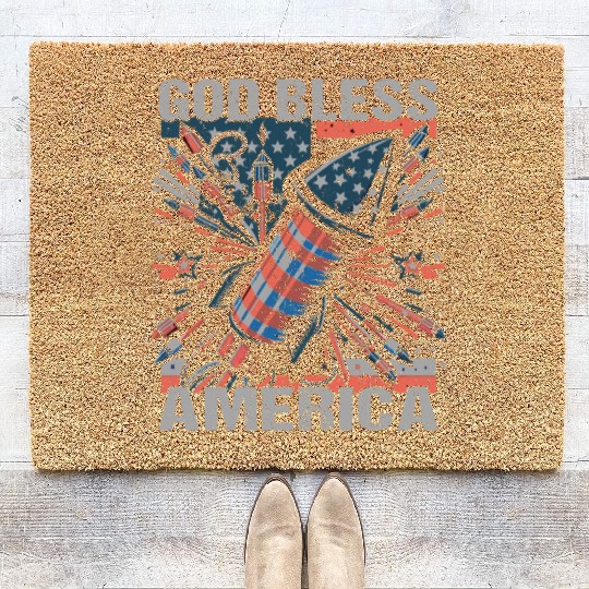 God Bless America Retro US Flag Funny Fireworks Coir Doormats