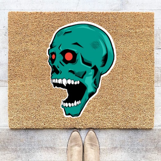green skull with bright red eyes Coir Doormats