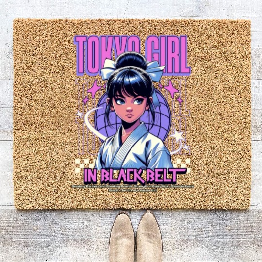 anime tokyo girl in black belt Coir Doormats