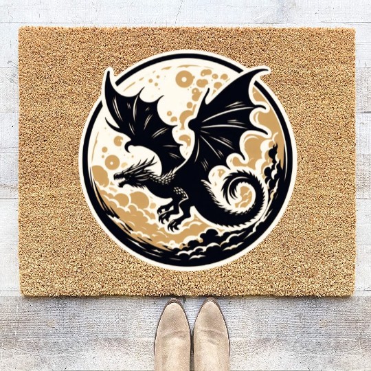 Mystical Dragon Silhouette Against Full Moon Coir Doormats
