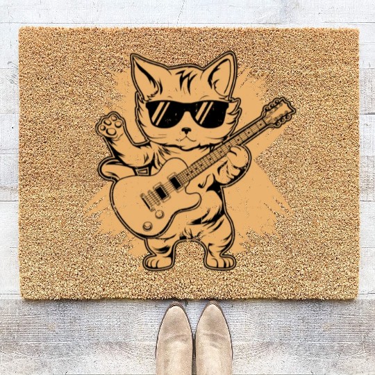 Metal Cat Plays Acoustic Guitar Rock Cute Kitten Coir Doormats