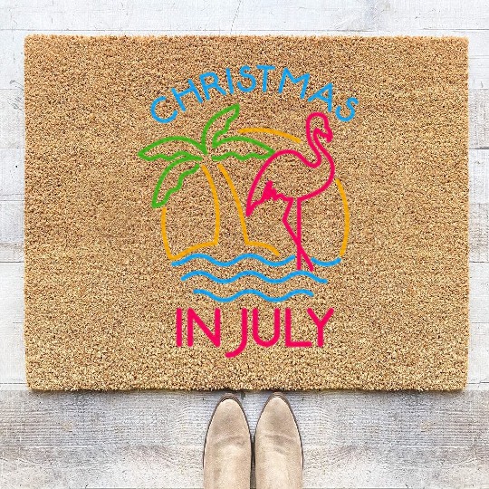 Christmas In July Pink Flamingo Coir Doormats