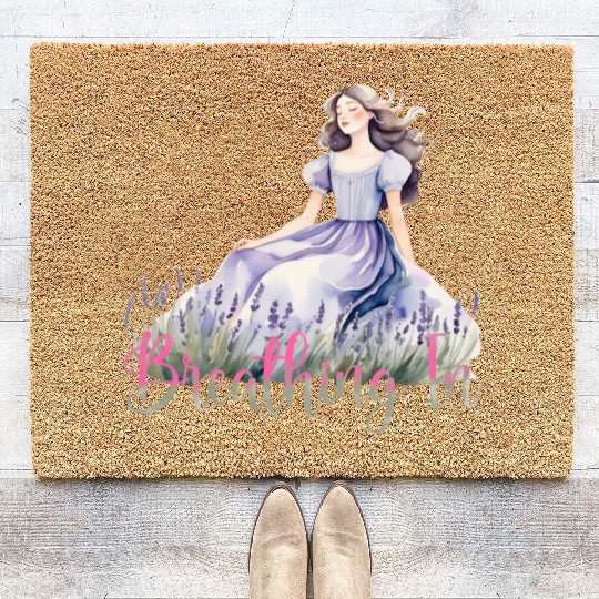Girl in Lavender Dress Relaxing in Flower Field Coir Doormats