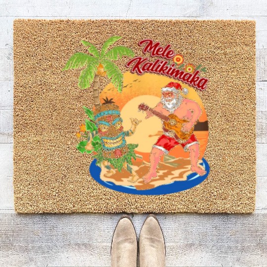 Mele Kalikimaka Funny Santa Playing Guitar Hawaii Coir Doormats