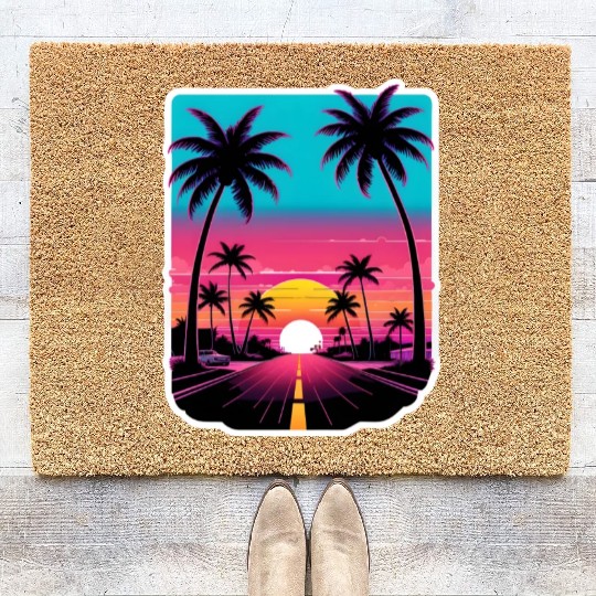 Lonely Road to Miami Sunset Vaporwave 80s Coir Doormats