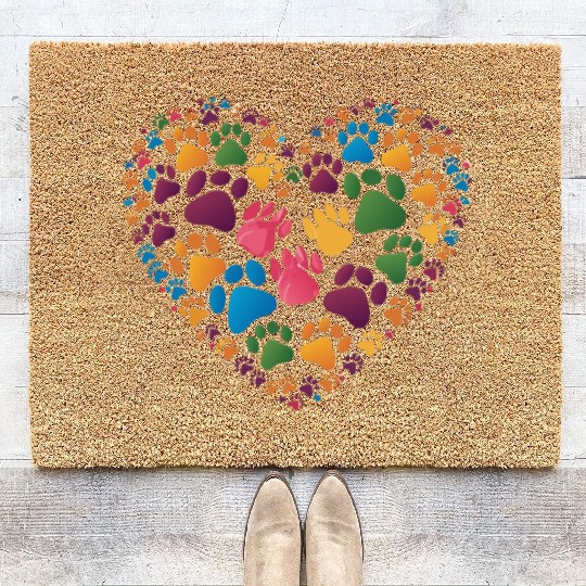 Colorful Cat Paw Prints Forming a Heart Shape Coir Doormats