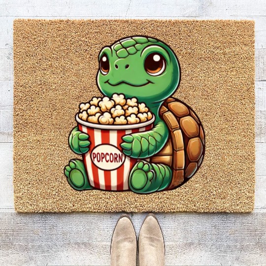 Cute turtle popcorn movies cinema fun Coir Doormats