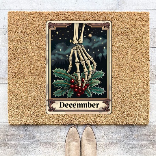 December Gothic Tarot Card - Holly Flower & Skelet Coir Doormats