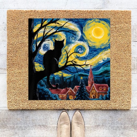 Starry Night Cat Art Premium Coir Doormats