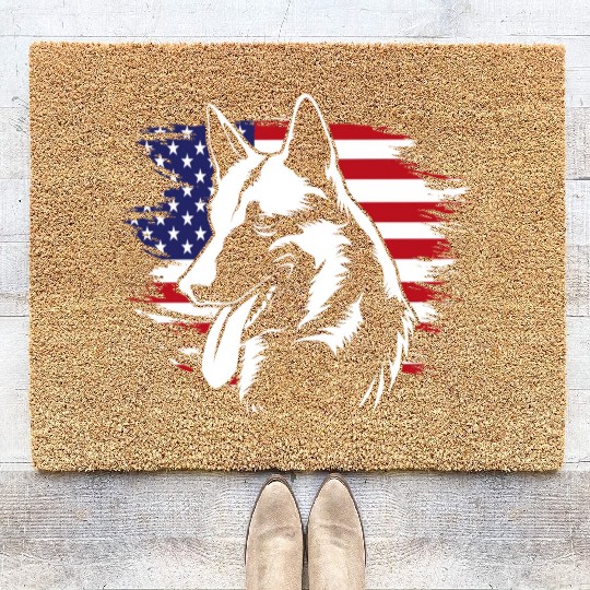 US Flag Dog Face 4th Of July Belgian Malinois Coir Doormats