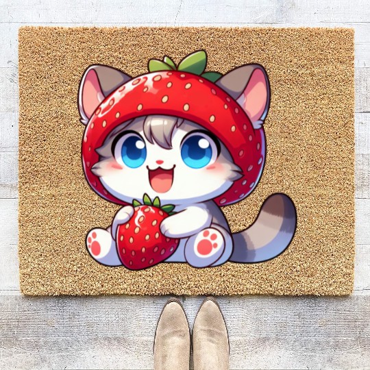 Cute Cat Strawberry Fruit Hat Quirky Coir Doormats