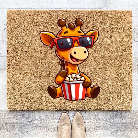 Cool giraffe popcorn cinema movie film lover Coir Doormats