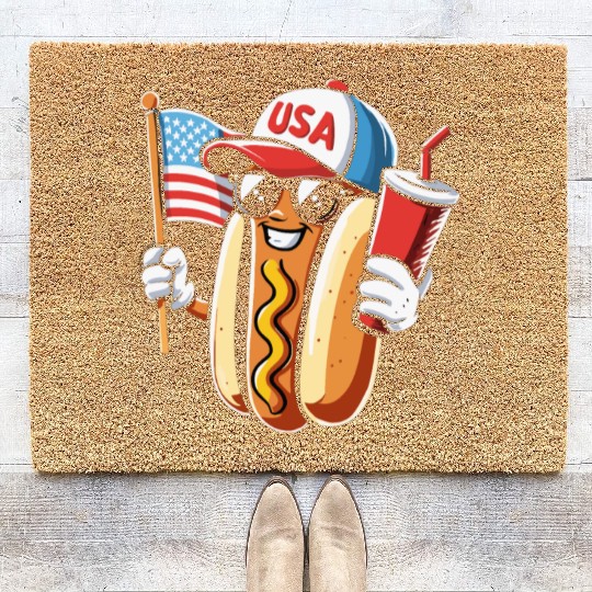 4th July Hot Dog USA Patriotic Character Fun Coir Doormats