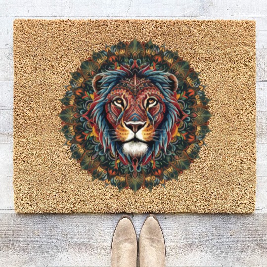 Vibrant Lion Mandala Inspired Artistic Symmetry Coir Doormats