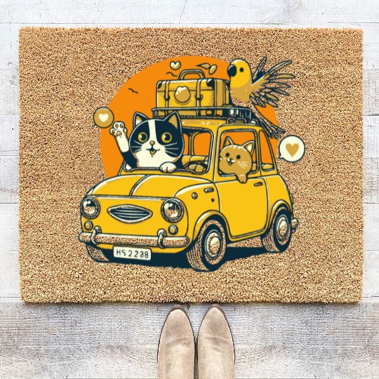 Road Trip by Car : Life's Better with Cat Friends Coir Doormats