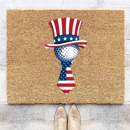 Patriotic Golf Ball with Stars and Stripes Hat Coir Doormats