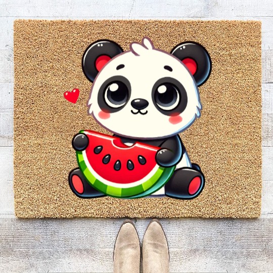 The cute panda enjoys a piece of watermelon Coir Doormats