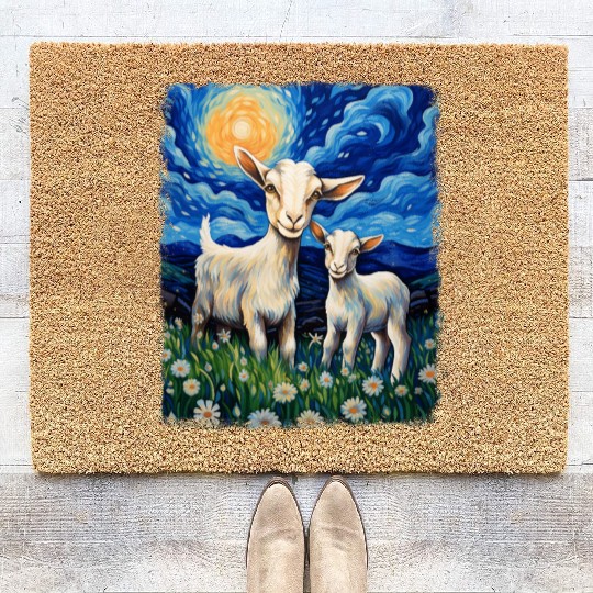Goats Farm Animals Farmer Starry Night Painting Coir Doormats