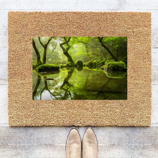 Enchanted Forest Reflections in Tranquil Pond Coir Doormats