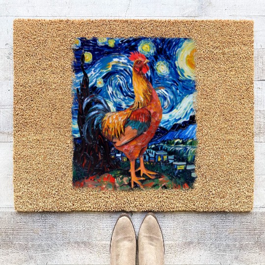 Chicken Farm Farmer Farming Starry Night Painting Coir Doormats