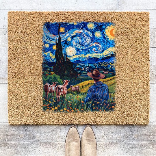 Cow Farmer Farming Farm Starry Night Painting Coir Doormats