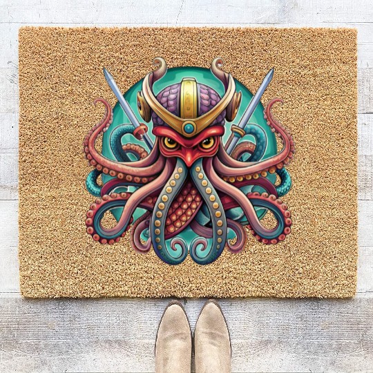 Colorful octopus samurai illustration Coir Doormats