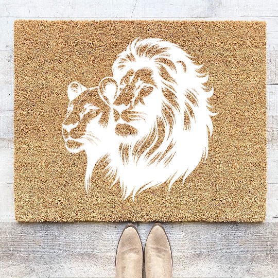 Proud Lion With Lioness Tattoo Style Portrait Coir Doormats
