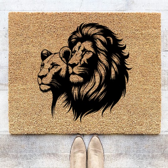 Proud Lion With Lioness Tattoo Style Portrait Coir Doormats