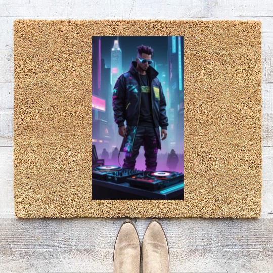 Creating a cyberpunk DJ Coir Doormats design involves