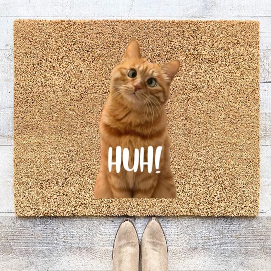 Funny Cross-Eyed Cat Meme Huh Funny Cat Coir Doormats