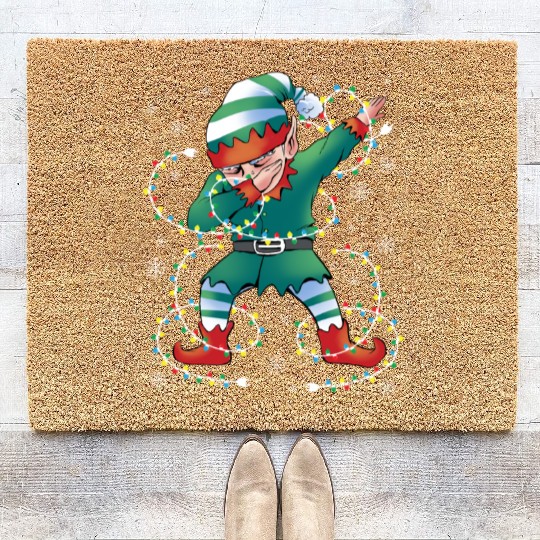 Dabbing Elf Christmas Tree Lights Xmas Family Coir Doormats