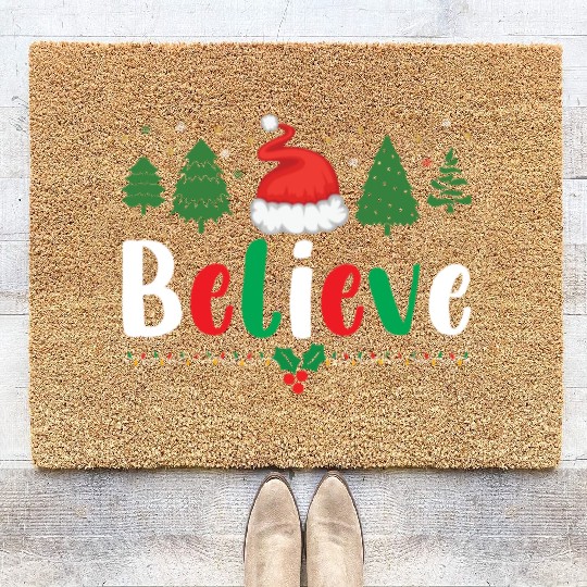Merry Christmas Believe Santa Claus Hat Xmas Tree Coir Doormats