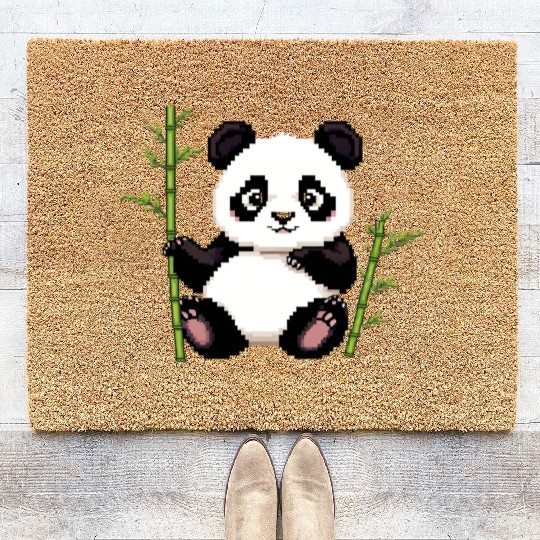 A pixel art of a panda with a bamboo leaf Coir Doormats