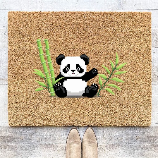 A pixel art of a panda with a bamboo leaf Coir Doormats