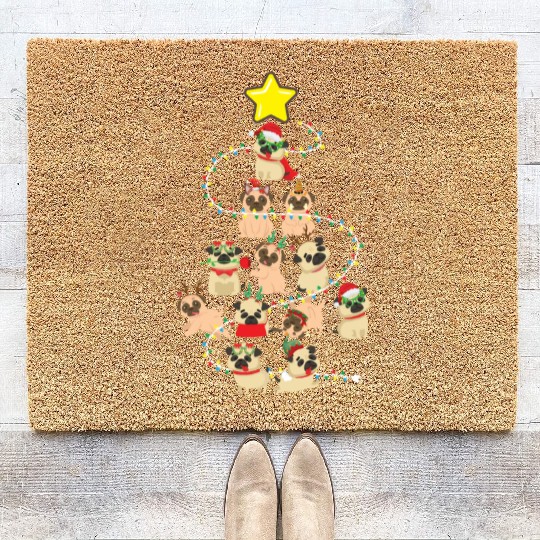Pug Christmas Tree Dog Santa Claus Hat Xmas Merry Coir Doormats