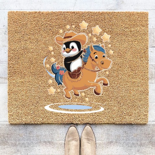 Adorable Penguin Cowboy Riding a Magical Pony Coir Doormats