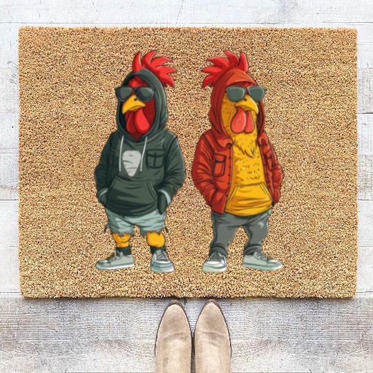 Fashionable chickens in hip streetwear Coir Doormats