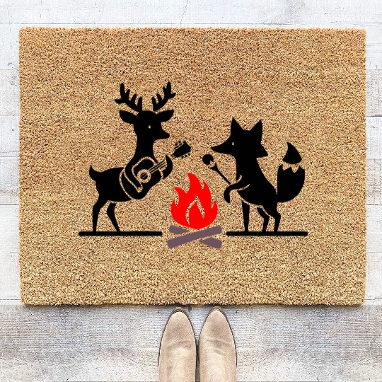 Deer and Fox Camping Campfire - vector 3 colors Coir Doormats