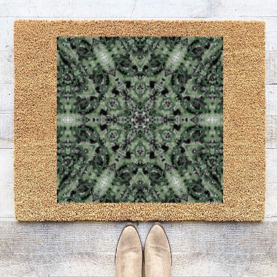 watercolor green white black mandala Coir Doormats