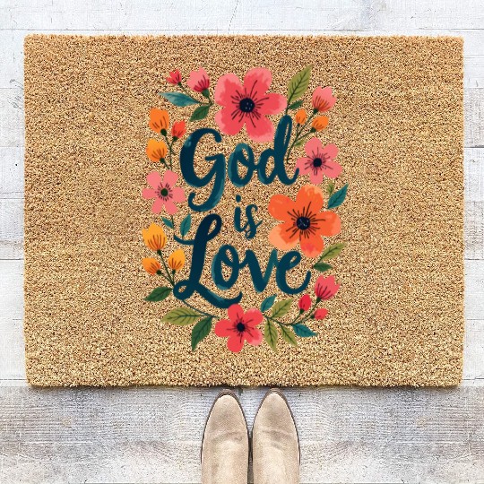 God Is Love Christian Quote Flower Floral Theme Coir Doormats