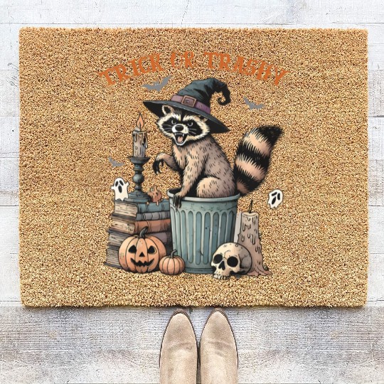 Trick Or Trashy Funny Raccon Halloween Coir Doormats