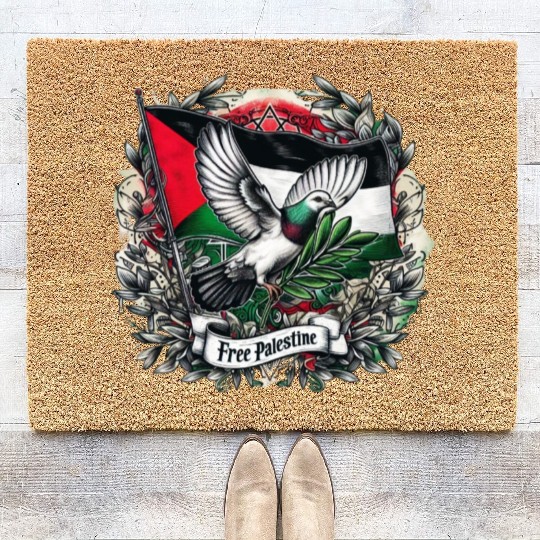 Pigeon holding olive's leaf free Palestine Flag Coir Doormats