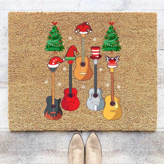 Guitar Santa Hat Christmas Tree Funny Music Loves Coir Doormats