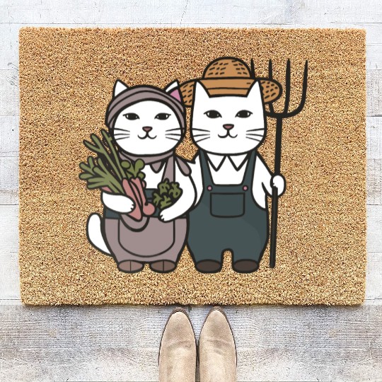 Farmer Cat Feline Couple Coir Doormats