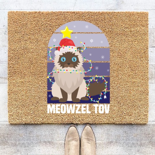 Meowzel Tov Hanukkah Black Cat Christmas Lights Coir Doormats