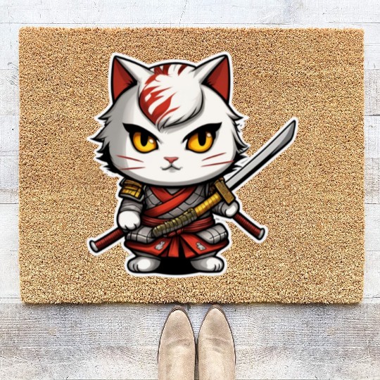 ninja cat with a katana 2 Coir Doormats